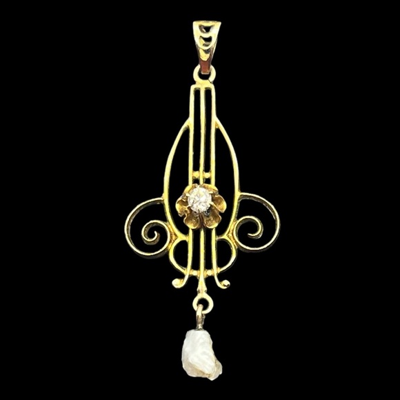 Art Nouveau Diamond & Pearl 10K Gold Lavalier Pendant for necklace antique